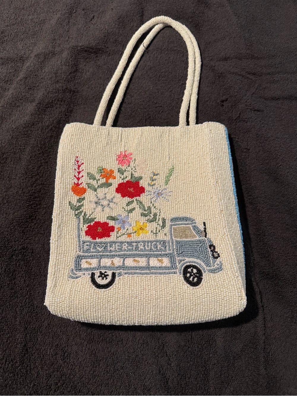 Beaded Flower Truck Tote Bag in Cream